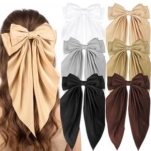 lot 12257 image: 6 Pcs Long Big Hair Bows Bulk, Cute Accessories for Women Girls - Large barrettes for thick hair Satin Bow hair clips for Wedding Holiday Birthday Gifts (White, black, brown, gold)