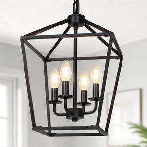 lot 13106 image: 4 Light Chandelier, Industrial Ceiling Light Black Lantern Light Fixtures with Farmhouse Metal Cage Adjustable Height Rustic Geometric Hanging Light E12 Base for Kitchen Island, Entryway, Indoor