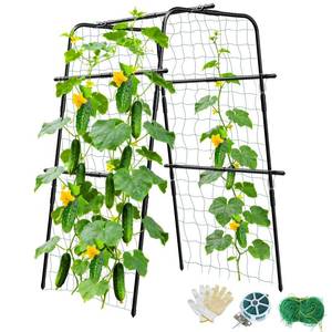 lot 13111 image: Cucumber Trellis for Raised Bed and Garden, 47 H x 31 W U-Shaped Metal Garden Trellis for Climbing Plants with Nylon Netting, Vegetable Support Frame