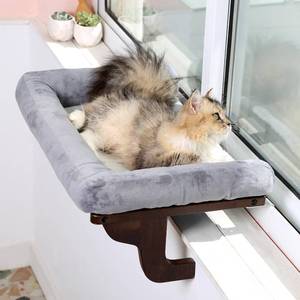 lot 13115 image: Zakkart Cat Perch for Window Sill with Bolster - Orthopedic Hammock Design with Premium Hardwood & Robust Metal Frame - Cat Window Seat for Large Cats and Kittens - Dark Stained Wood Gray Bed, 24W