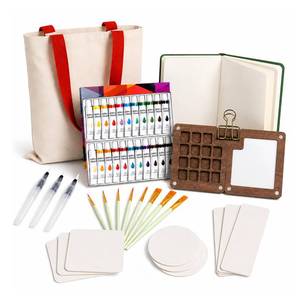 lot 14109 image: fsdyknej Portable Painting Kit for Adults, Travel Art Set with Mini Wooden Palette, Canvas Tote Bag, Brushes, Blank Cards and Bookmarks for DIY Creative Projects