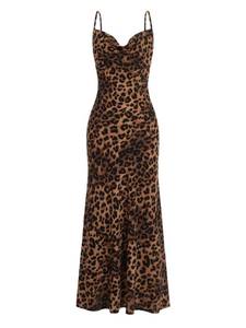lot 14159 image: Floerns Womens Leopard Print Draped Collar Spaghetti Strap Cami Long Dress Brown L