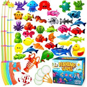 lot 19421 image: Goody King Magnetic Fishing Game Pool Party Pole Rod Net - Bathtub Outdoor Indoor Carnival Party Water Table Fish Toys Age 3-5 6 4-8 (Large)