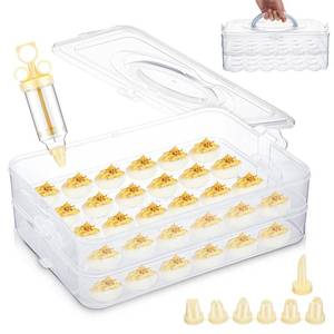 lot 19428 image: Sunnychicc Deviled Egg Carrier with Syringe Stackable Stackable Clear Holder with Lid for Refrigerator Portable 48 Eggs Dispenser Storage Containers Tray(With handle)