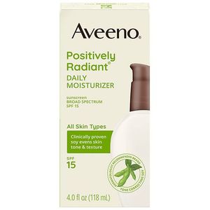 lot 20412 image: Aveeno Positively Radiant Daily Face Moisturizer - SPF15 - 4oz Hypoallergenic, Oil-Free, Noncomedogenic, For Normal to Dry Skin