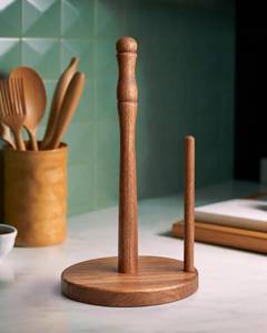 lot 20448 image: CHAUNCEY HOME Farmhouse Acacia Wood Paper Towel Holder Countertop, Weighted Base for Kitchen & Bathroom, One-Handed Operation, Wooden Standing Towel Roll Organizer, Jumbo Rolls