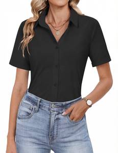 lot 20488 image: HOTOUCH Womens Button Down Shirt Black Work Blouse Short Sleeve Dress Shirt Basic V Neck Business Fitted Classic Tops XL
