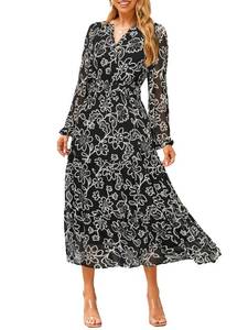 lot 20493 image: Simplee Womens Floral Boho Long Sleeve Maxi Dress V Neck Empire Waist Swing Flowy Wedding Guest Dress Black White Floral XL