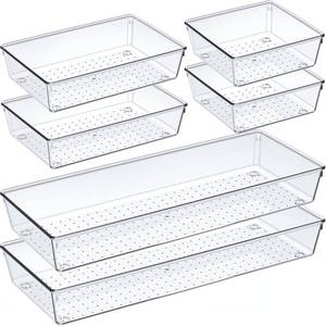 lot 1915 image: Criusia 6 Pcs Large Size Clear Drawer Organizer Set, Acrylic Non Slip Non Cracking Kitchen Drawer Storage Tray Divider, Multifunctional Storage for Cosmetics, Bathroom, Tools, Kitchen and Office
