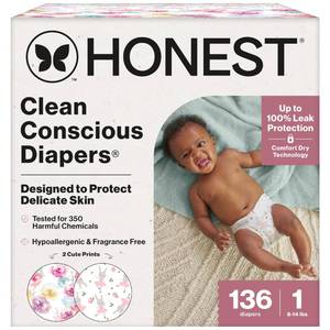 lot 1928 image: The Honest Company Comfort Dry Disposable Daytime Diapers for Sensitive Skin, Hypoallergenic, Rose Blossom  Tutu Cute, Super Club Box Size 1 (8��14 lbs), 136 Count