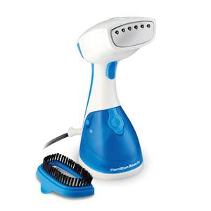 lot 1940 image: Hamilton Beach Handheld Garment Steamer for Clothes, Fabric and Drapes, 15 Minutes of Continuous Steam, Portable Wrinkle-Remover for Home, Vacation Essentials, 1000 Watts, White & Blue (11555)
