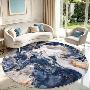 lot 1958 image: Yinhua 6ft Round Rug Washable, Blue and Gold Circle Rug Non Slip, Soft Faux Wool Marble Rugs Non Shedding, Low Pile Abstract Area Rugs, Stain Resistant Carpet for Dining Room Table Nursery