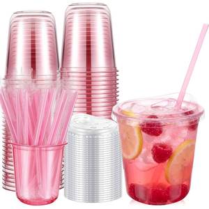 lot 1976 image: Ziliny 50 Pack 12oz Pink Clear Plastic Cups with Lids and Straws, PET Disposable Drinking Cups, Disposable Iced Coffee Cup for Smoothies, Cold Drinks, Parties, Wedding, Meeting, Drink Shops
