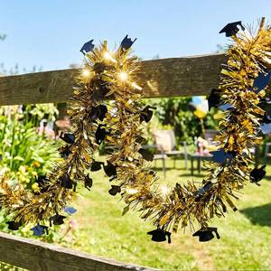 lot 1979 image: 52.5Ft Graduation Garland Decorations, Black Gold White Tinsel Garland with Grad Cap & Star Pattern, Class of 2026 Party Decor for Home Yard Tree Car Parade, Senior Celebration Supplies