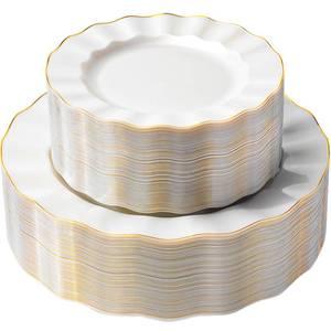lot 1996 image: QualQuot 72PCS Pearl White Plastic Plates, Heavy Duty Disposable Party Plates with Gold Rim, 36 Dinner and 36 Dessert for Parties and Wedding