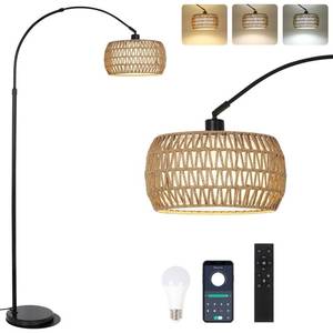 lot 1999 image: Arc Floor Lamps for Living Room with 3 Color Temperatures, Black Standing Lamp with Remote & Dimmable LED Bulb, Rattan Boho Floor Lamp, Farmhouse Tall Lamp for Bedroom, Over Couch Arched Reading Light