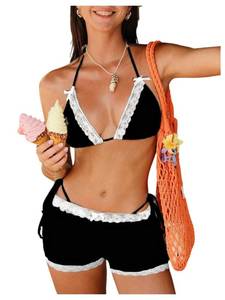 lot 2328 image: Verdusa Womens 3 Piece Lace Halter Bikini with Shorts Cheeky Swimsuit with Cover Up Black Medium