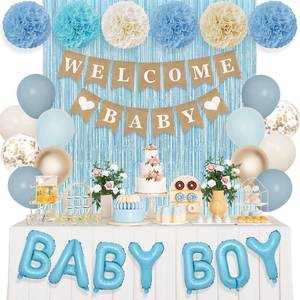 lot 2352 image: Ouddy Party Dusty Blue Baby Shower Decorations for Boy with Welcome Baby Banner Baby Boy Blue Champagne Sand Foil Balloons Fringe Curtains Paper Pom Poms for Baby Shower Gender Reveal Party Supplies