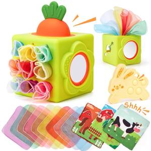 lot 2353 image: hahaland Silicone Baby Tissue Box Toy - Baby Toys 6-12 Months Montessori Toys for 6 Month Old Babies, 6-in-1 Soft Busy Activity Cube with Scarves, Crinkle, Textures, Mirror, Sensory Popper 9 Month Old
