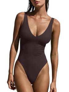 lot 2357 image: Women Sexy V Neck Bathing Suits Summer One Piece Built in Bra Coffee Medium