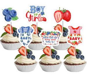 lot 2388 image: JOYMEMO 36Pcs Strawberry and Blueberry Gender Reveal Cupcake Toppers, What Will Our Berry Sweet Baby Be Cupcake Picks Boy or Girl Gender Reveal Decor, Fruit Baby Shower Berry He or She Decorations