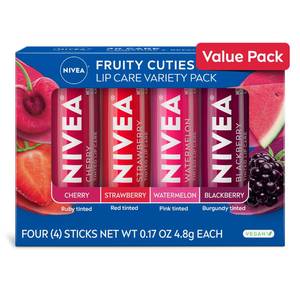 lot 2412 image: NIVEA Lip Care, Fruity Tinted Lip Balm Variety Pack, Cherry, Strawberry, Blackberry and Watermelon Flavors, 3-in-1 Moisture, Repair and Color, 0.17 Oz Stick, Pack of 4
