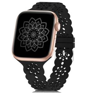 lot 2416 image: Floral Silicone Band Compatible with Apple Watch Bands 38mm 40mm 42mm 44mm 41mm 45mm 49mm Women Men, Slim Hollow-Out Design Wristbands Soft Sport Breathable Watch Bands for iWatch Ultra SE Series