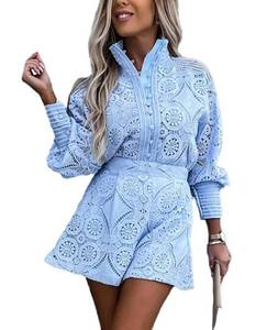 lot 2421 image: SOMTHRON Womens Summer Eyelet Lace Two Piece Outfits Long Sleeve Blouse Tops Shorts Floral Embroidery Set BE-S