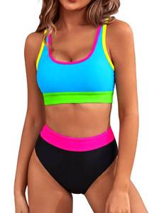 lot 2422 image: BMJL Womens High Waisted Bikini Sets Sporty Two Piece Swimsuits Color Block Cheeky High Cut Bathing Suits(XL,Rainbow Blue Green)