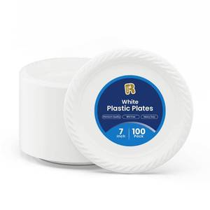 lot 2423 image: R-kay 100 Pack 7 Inch Plastic Plates Disposable - Heavy Duty White Disposable Plates - Microwavable Disposable Plastic Plates (100, 7 Inch)