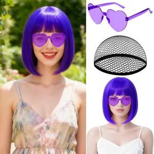 lot 2429 image: MEEZY Dark Purple Short Bob Wigs Straight Hair with Flat Bangs Heart Sunglasses for Women, Colorful Funny Cosplay Party Neon Wig Synthetic Natural As Real Carnival Halloween Costume Party Favors