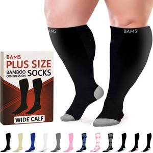 lot 2444 image: BAMS Plus Size Compression Socks Wide Calf XL XXL XXXL �� Graduated Knee-High Support, Viscose from Bamboo Easy-OnEasy-Off (Black with Gray, 3XL)