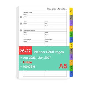 lot 2490 image: Tiankool 2026-27 Planner Refill for A5 6-Ring Binder,Weekly & Monthly Planner Inserts Runs from Apr 2026 to Jun 2027, 5-34 x 8-14