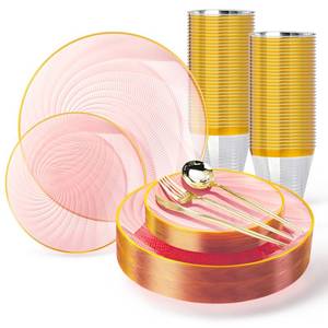 lot 3096 image: N9R 180 PCS Disposable Dinnerware Set with Gold Rim for 30 Guests, Pink Plastic Plates Include 30 Dinner Plate, 30 Dessert Plates, 30 Cups, 90 Heavy Duty Gold Plastic Silverware for Peach Party