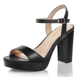 lot 3104 image: DOBOLIN Wide Width Black Heels for Women Block Chunky Platform High Heels Open Toe Fashion Wedding Party Ankle Strap Dress Sandals Shoes, Size 8.5