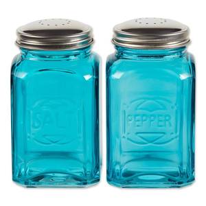 lot 4389 image: RSVP International Jumbo Retro Glass Salt & Pepper Shaker, Screw On Stainless Steel Lid, Each Shaker Holds 8 Ounces, Turquoise, 2.25x2.25x4.3, 2 Piece