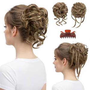lot 4397 image: SARLA 2PCS Messy Bun Hair Pieces for Women Detachable Claw Clip Wavy Curly Synthetic Hairpieces for Updos with Tendrils Fake Scrunchies Ponytail Extension BrunetteAsh Blonde