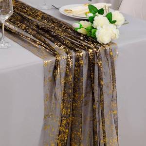 lot 4406 image: Snowkingdom Black and Gold Cheesecloth Table Runner 10 FT, Sheer Chiffon Sparkle Gauze Mesh Runners 120 Inch, Glitter Table Centerpieces Decoration for Birthday Party Wedding Christmas Halloween