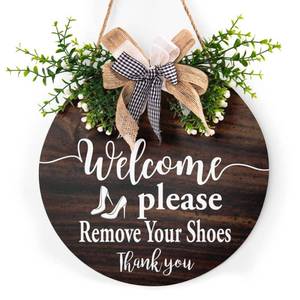 lot 4414 image: Take Off Your Shoes Door Sign Holiday Welcome Wood Plaque with Buffalo Check Plaid Bow 12in Please Remove Your Shoes Thank You Sign for All Seasons Farmhouse Home Front Porch Door Decoration