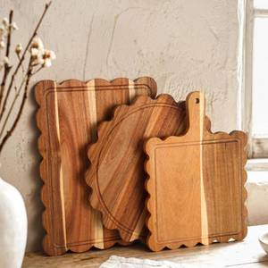 lot 5320 image: 3 PCS Acacia Wood Scalloped Cutting Boards Set, Decorative Wooden Charcuterie Boards with Handle for Cheese Pizza Meat Fruit Bread Baking, Cottagecore Farmhouse Kitchen Serving Trays Decor