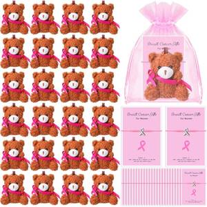 lot 5321 image: Landical 24 Sets Breast Cancer Awareness Accessories Set Breast Cancer Stuffed Bears with Pink Ribbon, Adjustable Bracelets with Organza Bags, Cancer Gifts for Charity Party Favors