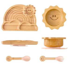 lot 5330 image: Bamboo Suction Plates Bowls Set for Baby Toddler - Includes Bamboo Bowl, Divided Plate, Silicone Fork & Spoon, All-Natural Baby Feeding Set for Baby-Led Weaning