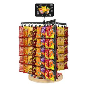 lot 5350 image: Chip Rack Display Stand, 6-Side 5-Tiers Chip Holder Display with 80 Adjustable Clips, Wooden Base Countertop Snack Organizer for Concession Stand, Parties - With Message Board & Pen