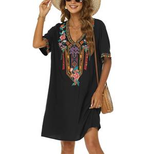 lot 6336 image: Grosy Womens Embroidered Mexican Peasant Dresses, Plus Size Fiesta Boho Dress for Women, Traditional Floral Bohemian Skirts (Medium, Black-1)