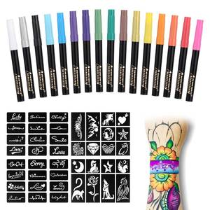 lot 6402 image: Anmmy Temporary Tattoo Markers for Skin, 16-Count Body Markers77 Large Tattoo Stencils of Assorted Colors for kids and Adults, Flexible Brush Tip, Bright colors, Skin-Safe, Cosmetic-Grade.
