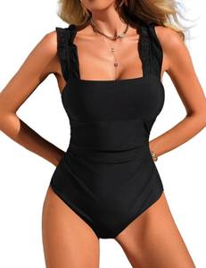 lot 6433 image: Ekouaer Womens One Piece Swimsuits Square Neck Tummy Control Bathing Suit with Adjustable Ruffled Straps Swimwear Lrage, Black size S