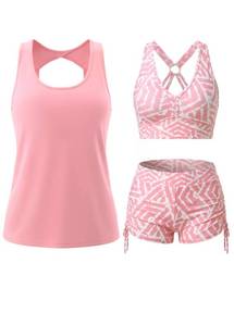 lot 6436 image: MODLILY Classic 3 Piece Tankini Swimsuits for Women, Solid Tank Top & Plants Print Sports Bra with Drawstring Board Shorts Pink size L