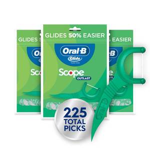 lot 6440 image: Oral-B Glide Mint Dental Floss Picks with Long Lasting Scope Flavor, 75 Count, Pack of 3