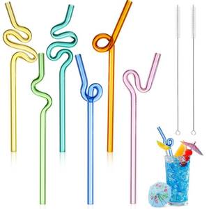lot 6463 image: Yinkin 6 Pcs Wavy Glass Straws Reusable Curved Straw Shatter Resistant with 2 Cleaning Brushes Clear Silly High Borosilicate for Kids Adults Smoothies Juice (Colorful, 8 Inch)