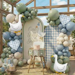 lot 8319 image: One Silly Goose Balloon Arch Kit �� Sage Green Dusty Blue Balloon Garland with Goose gingham heart balloons, Vintage Goose Baby Shower Decorations, Boy or Girl Birthday Party Decor (146PCS)